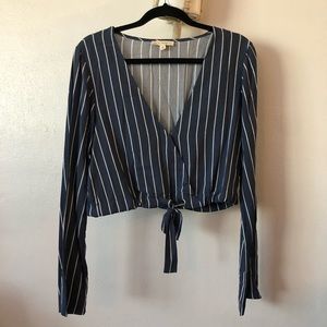 blue and white striped flowy crop top